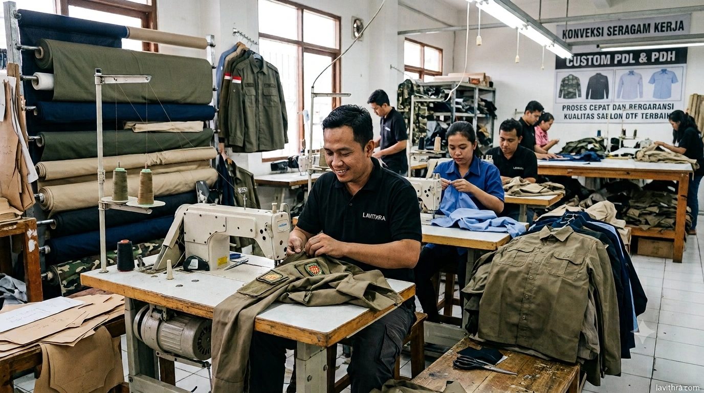 Konveksi Seragam Kerja Custom PDL & PDH 1 Proses produksi seragam kerja custom PDL dan PDH oleh tim konveksi Lavithra Jakarta, menampilkan penjahit profesional Indonesia sedang mengerjakan pakaian lapangan menggunakan mesin jahit industri.