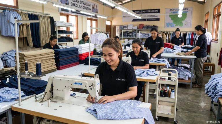 Konveksi Seragam Sekolah Custom Berkualitas di Jabodetabek 9 Proses penjahitan seragam sekolah custom di konveksi Lavithra Jakarta. Karyawan wanita menggunakan mesin jahit Juki.
