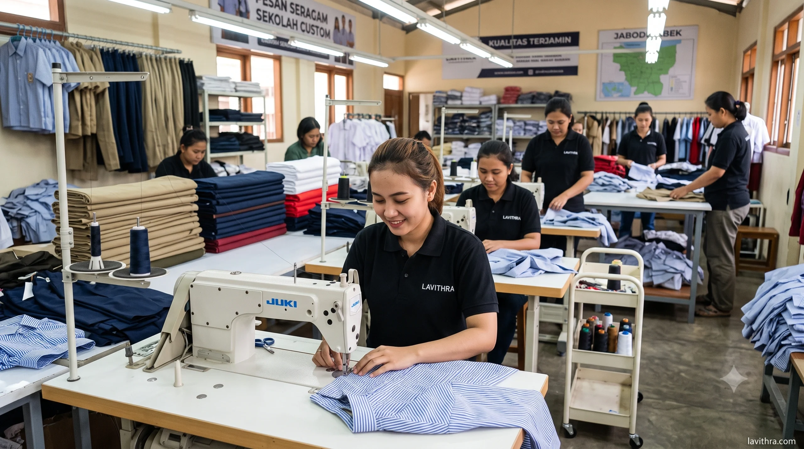 Konveksi Seragam Sekolah Custom Berkualitas di Jabodetabek 1 Proses penjahitan seragam sekolah custom di konveksi Lavithra Jakarta. Karyawan wanita menggunakan mesin jahit Juki.