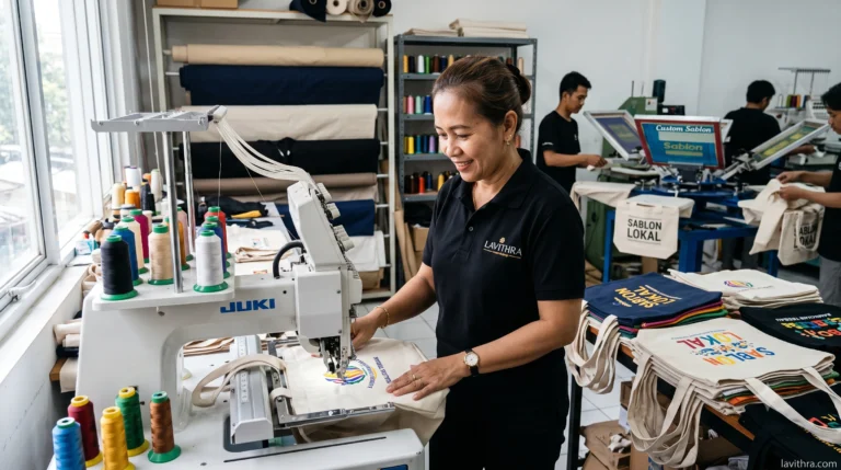 Konveksi Totebag Custom Sablon & Bordir Berkualitas 7 Proses produksi konveksi totebag custom sablon dan bordir komputer di workshop Lavithra Jabodetabek oleh staf profesional berkaos polo hitam.