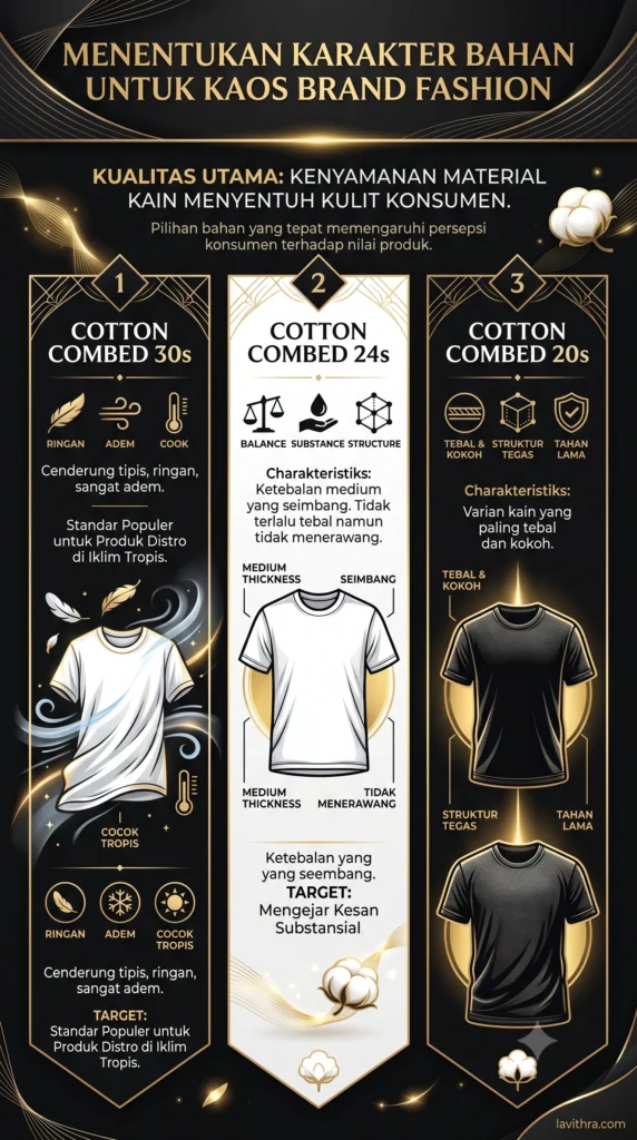 Konveksi Kaos Distro Custom Premium untuk Clothing Line Kamu 2 Infografis perbandingan tiga jenis bahan kaos katun premium: Cotton Combed 30s (tipis & adem), Cotton Combed 24s (ketebalan medium & seimbang), dan Cotton Combed 20s (paling tebal & kokoh). Desain elegan warna hitam, putih, dan emas dengan logo lavithra.com di pojok.
