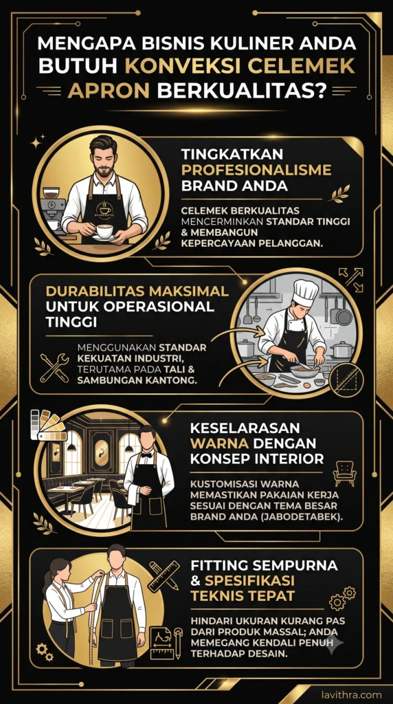 Infografis panduan bisnis kuliner tentang alasan memilih konveksi celemek apron custom dengan skema warna hitam, putih, dan emas.