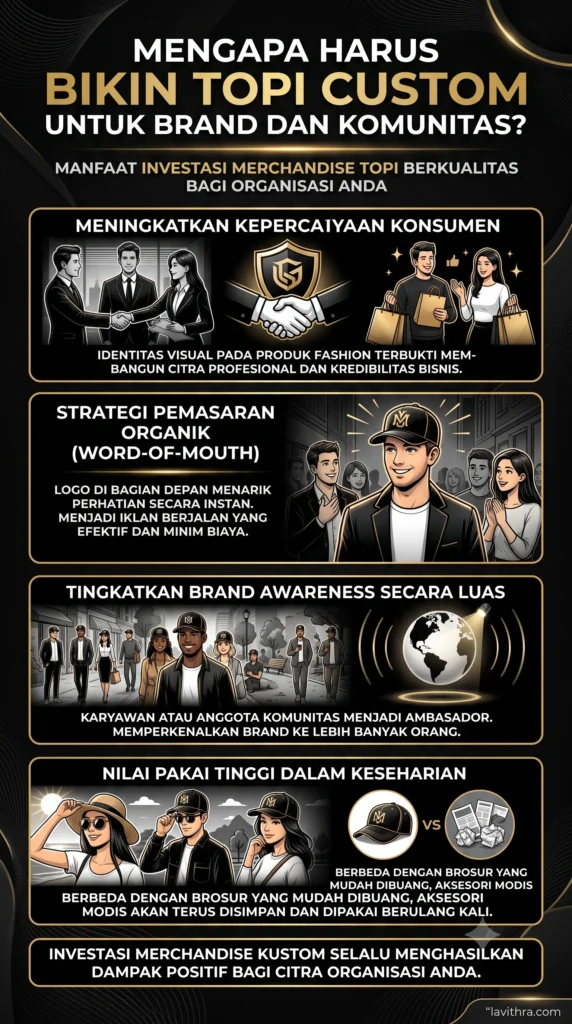 Infografis premium warna hitam-emas tentang manfaat membuat topi custom untuk brand dan komunitas oleh Lavithra. Menampilkan 4 poin utama: Meningkatkan Kepercayaan Konsumen, Strategi Pemasaran Organik (Word-of-Mouth), Tingkatkan Brand Awareness Secara Luas, dan Nilai Pakai Tinggi Dalam Keseharian.