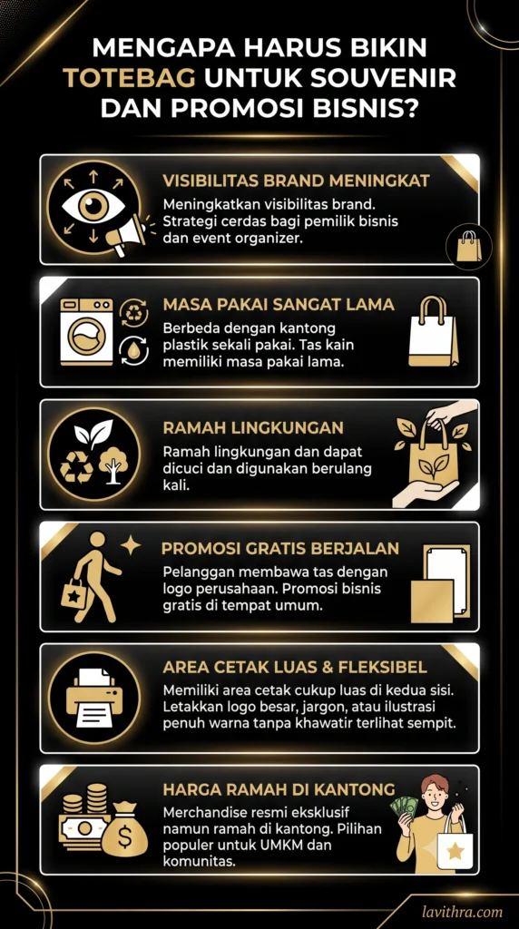 Infografis hitam emas alasan menggunakan totebag custom untuk souvenir dan promosi bisnis dari Lavithra.
