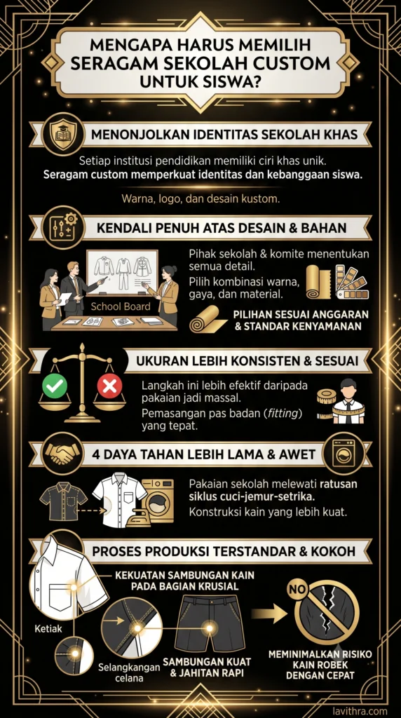 Konveksi Seragam Sekolah Custom Berkualitas di Jabodetabek 2 Infografis alasan memilih seragam sekolah custom Lavithra: Menonjolkan identitas sekolah, kendali penuh desain & bahan, ukuran konsisten, daya tahan lama, dan proses produksi terstandar kokoh.