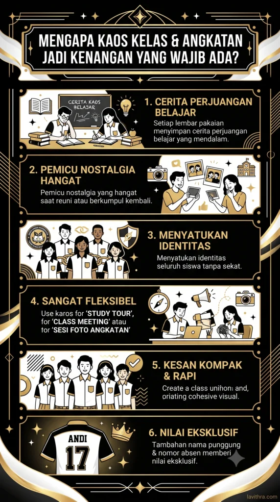 Infografis berlatar hitam dan emas mengenai enam alasan mengapa kaos kelas dan angkatan menjadi kenangan yang wajib ada.