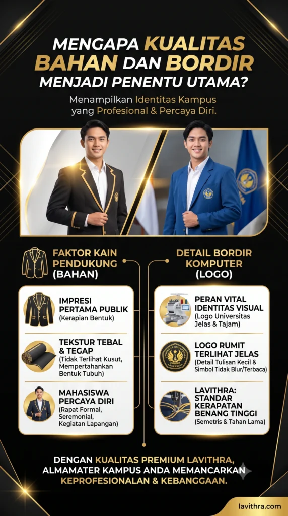 Bikin Jaket Almamater Custom untuk Kampus 2 Infografis Lavithra menjelaskan mengapa kualitas bahan tebal dan detail bordir komputer menjadi penentu utama dalam pembuatan jaket almamater kampus agar terlihat rapi dan profesional.