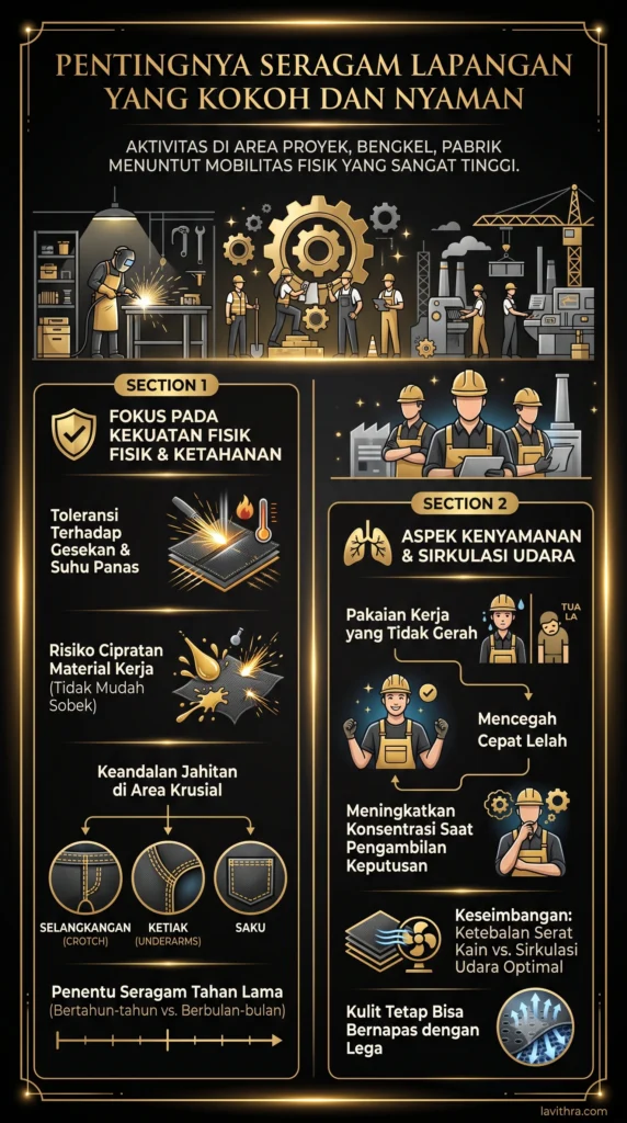 Infografis pentingnya seragam lapangan kokoh dan nyaman dengan panduan kekuatan kain dan sirkulasi udara dari Lavithra.