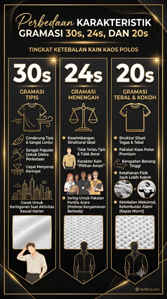 Infografis perbandingan karakteristik kain gramasi 30s, 24s, dan 20s untuk konveksi kaos polos premium Lavithra.