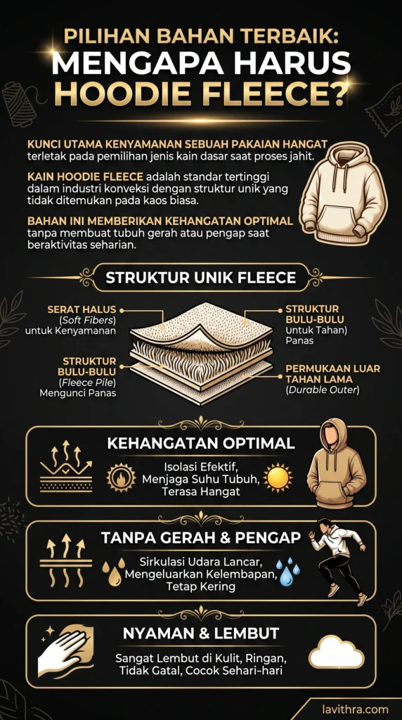Konveksi Hoodie Custom Fleece Premium Satuan di Jabodetabek 2 Infographic modern dengan latar belakang hitam dan warna gold yang menjelaskan mengapa hoodie fleece adalah pilihan bahan terbaik untuk pakaian hangat. Infographic ini memiliki judul besar di bagian atas "PILIHAN BAHAN TERBAIK: MENGAPA HARUS HOODIE FLEECE?", diikuti dengan teks yang menjelaskan kunci utama kenyamanan pakaian hangat terletak pada pemilihan kain dasar, dan kain hoodie fleece adalah standar tertinggi konveksi dengan struktur unik yang tidak ditemukan pada kain kaos biasa, yang mampu memberikan kehangatan tanpa membuat tubuh terasa gerah atau pengap. Di bawahnya, terdapat diagram struktur fleece yang menunjukkan serat halus untuk kenyamanan dan struktur bulu-bulu untuk menahan panas. Infographic ini juga menampilkan empat poin manfaat utama hoodie fleece, masing-masing dengan ikon dan teks: "KEHANGATAN OPTIMAL" (Isolasi efektif, menjaga suhu tubuh, terasa hangat); "TANPA GERAH & PENGAP" (Sirkulasi udara lancar, mengeluarkan kelembapan, tetap kering); dan "NYAMAN & LEMBUT" (Sangat lembut di kulit, ringan, tidak gatal, cocok sehari-hari). Di pojok kanan bawah terdapat teks kecil bertuliskan “lavithra.com”.