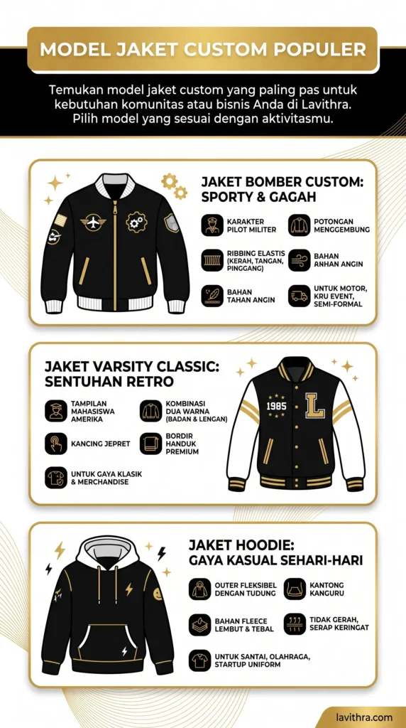 Panduan pilihan model jaket custom populer: Bomber (sporty), Varsity (retro), dan Hoodie (kasual) dari Lavithra.