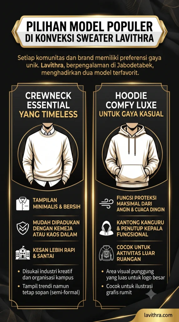 Infografis perbandingan dua model populer konveksi sweater Lavithra: Crewneck Essential yang Timeless dan Hoodie Comfy Luxe untuk Gaya Kasual, lengkap dengan detail fitur masing-masing dalam nuansa hitam emas premium.