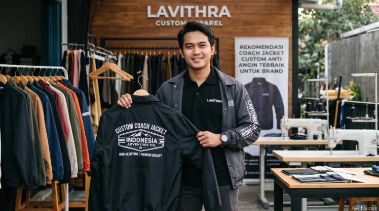 Rekomendasi Coach Jacket Custom Anti Angin Terbaik untuk Brand 1 Pria Indonesia mengenakan polo shirt Lavithra hitam memegang Coach Jacket Custom Anti Angin hitam dengan sablon 'CUSTOM COACH JACKET INDONESIA ADVENTURE CO.' di sebuah workshop apparel.