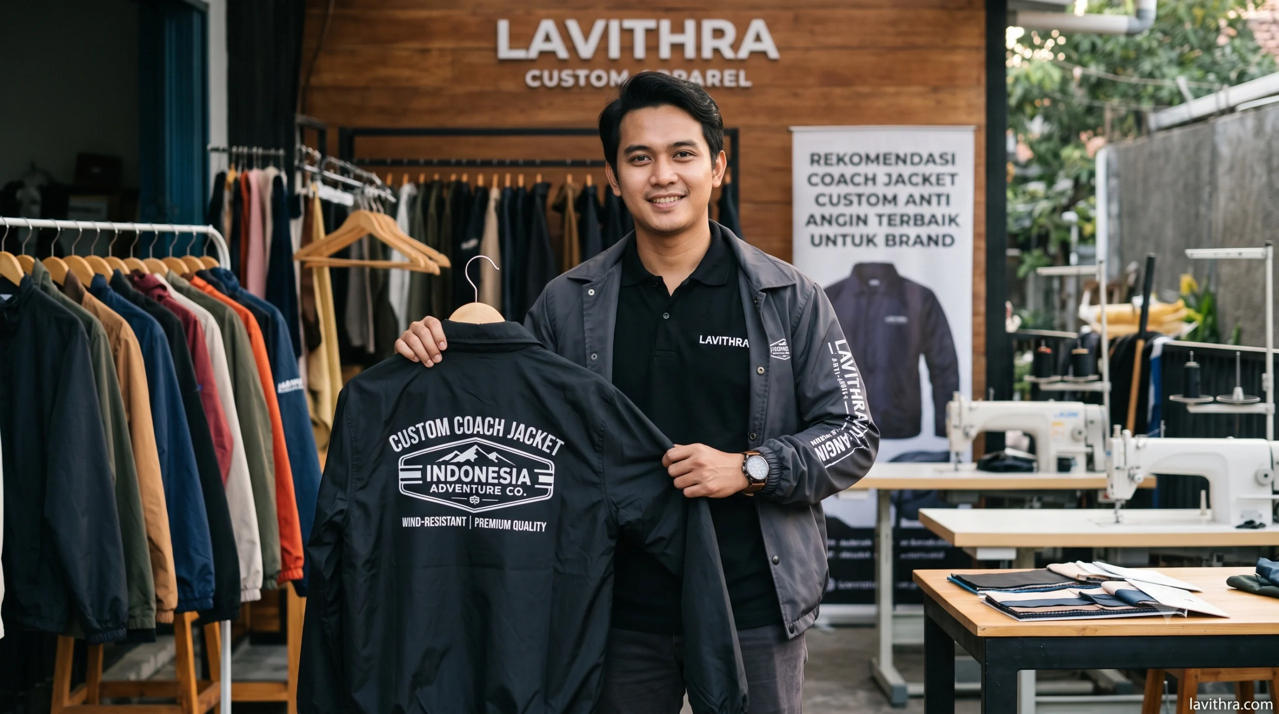 Rekomendasi Coach Jacket Custom Anti Angin Terbaik untuk Brand 1 Pria Indonesia mengenakan polo shirt Lavithra hitam memegang Coach Jacket Custom Anti Angin hitam dengan sablon 'CUSTOM COACH JACKET INDONESIA ADVENTURE CO.' di sebuah workshop apparel.