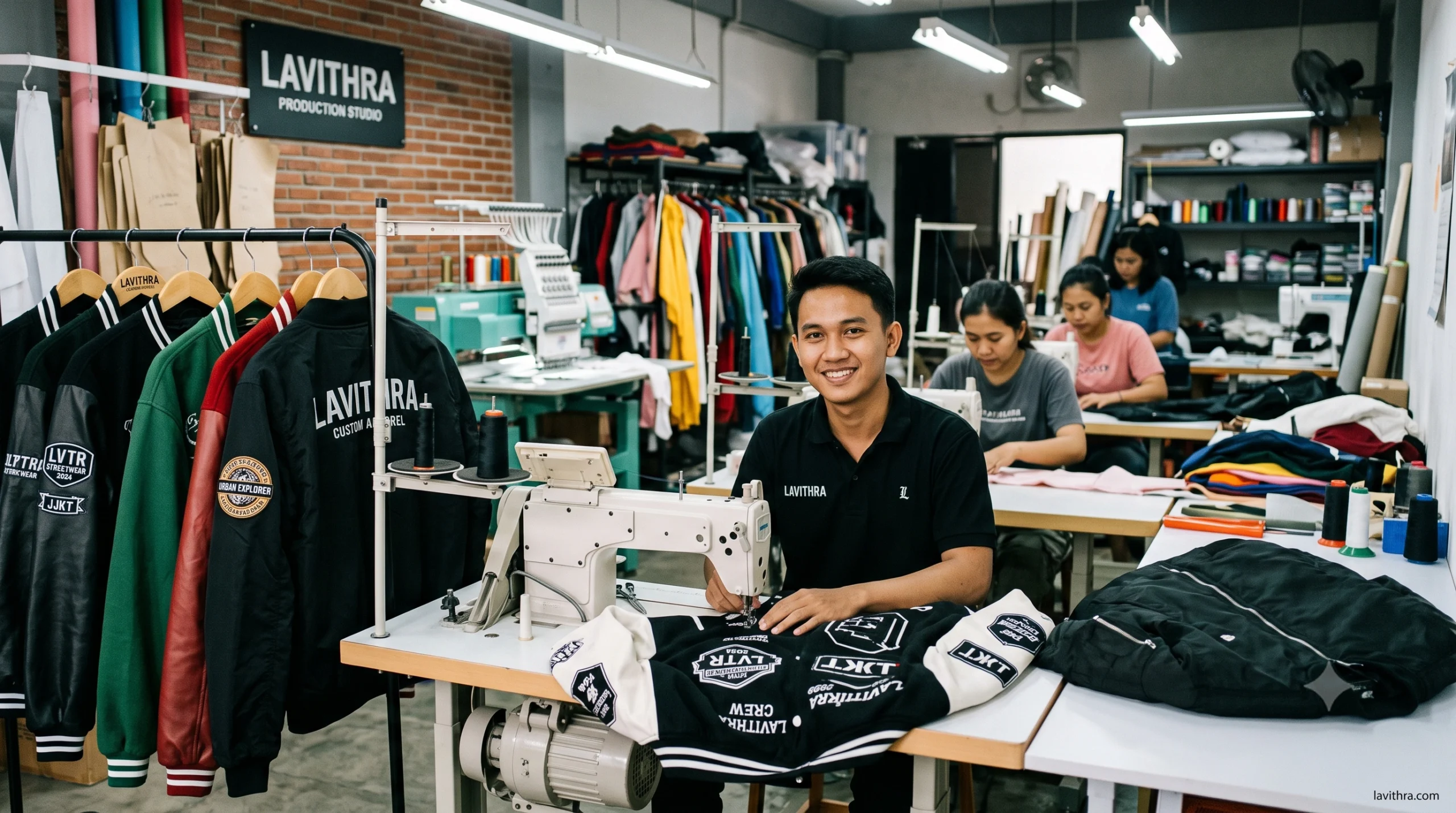 Rekomendasi Konveksi Varsity & Bomber Custom Streetwear 1 Pemilik Lavithra Production Studio, konveksi spesialis jaket varsity dan bomber custom, sedang menjahit jaket di workshop dengan latar belakang tim produksi dan mesin bordir.
