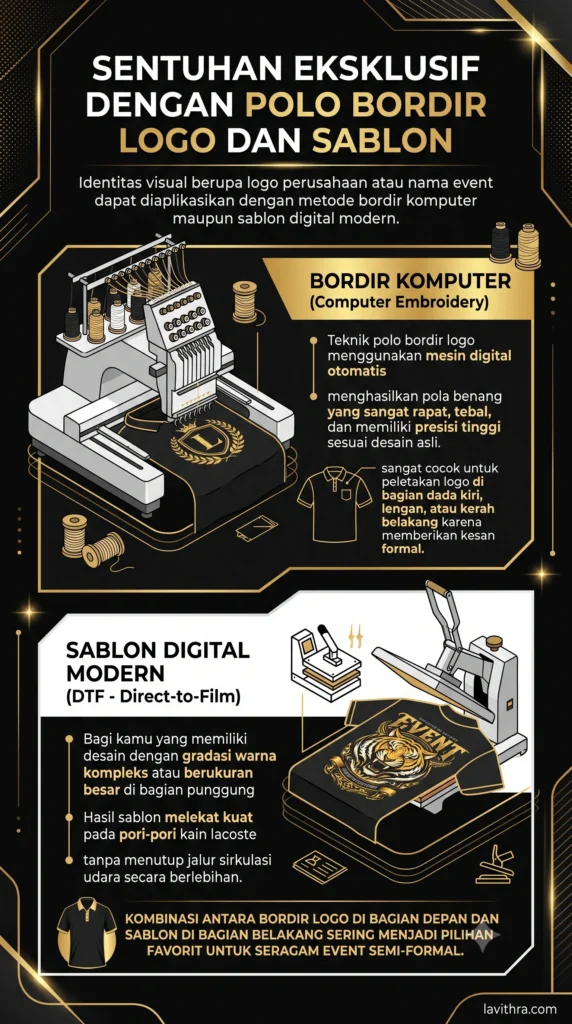 Infografis perbandingan kustomisasi polo shirt antara teknik Bordir Komputer dan Sablon Digital Modern (DTF) dengan nuansa warna hitam, putih, dan emas. Menampilkan ilustrasi mesin bordir dan mesin press sablon beserta keunggulan masing-masing metode untuk logo perusahaan atau event.