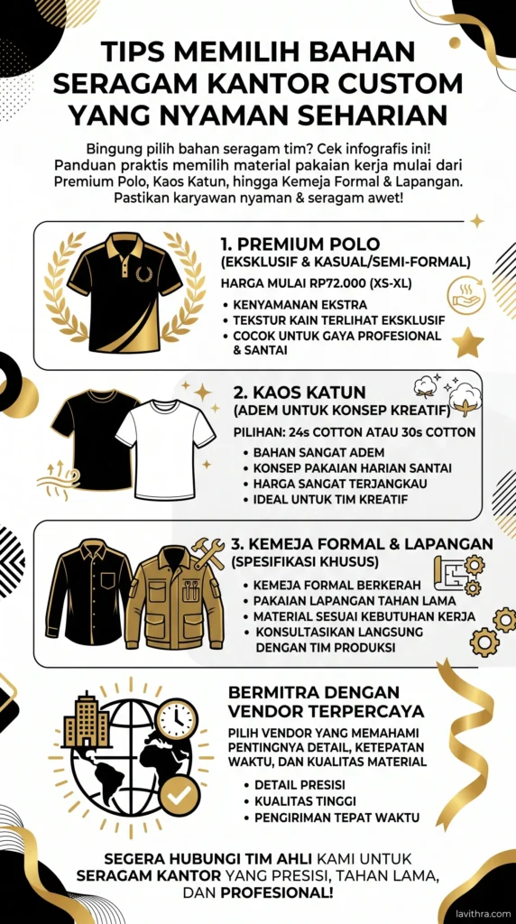 Bikin Seragam Kantor Custom yang Profesional 2 Infografis panduan tips memilih bahan seragam kantor custom yang nyaman. Menampilkan empat bagian: 1) Bahan Premium Polo (Rp72.000, XS-XL) untuk kasual/semi-formal, 2) Bahan Kaos Katun 24s/30s yang santai/kreatif, 3) Kemeja Formal Berkerah/Pakaian Lapangan Khusus, dan 4) Rencana Pengadaan/Kemitraan Vendor. Desain elegan warna hitam, putih, dan emas dengan logo Lavithra di bawah.