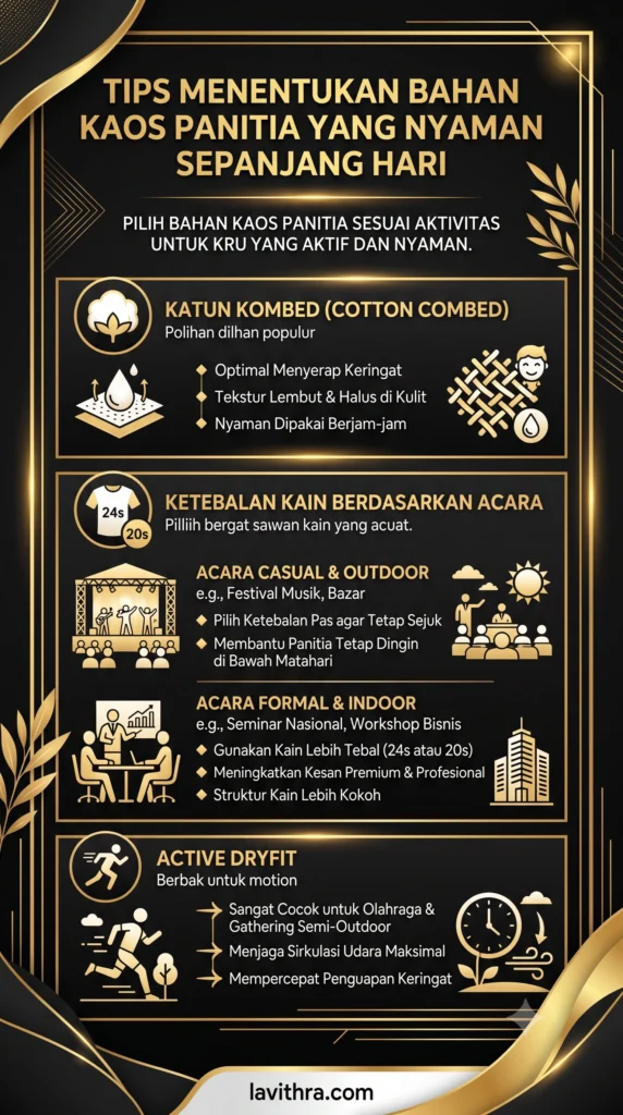 Sebuah infografis vertikal dengan skema warna hitam, emas, dan putih yang memberikan panduan tentang cara memilih bahan kaos panitia yang nyaman berdasarkan jenis aktivitas dan lingkungan acara.