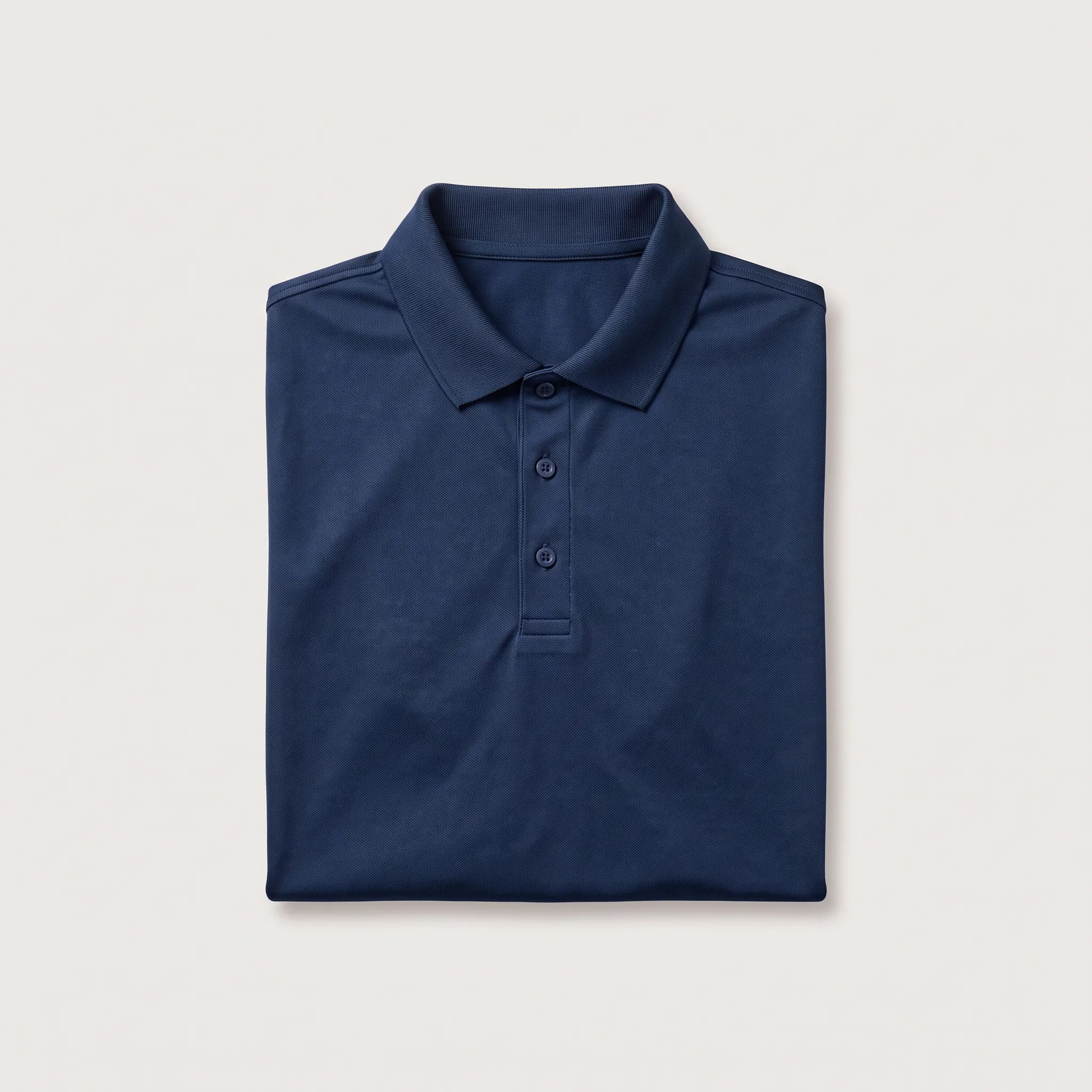 Tampilan atas kaos polo lengan pendek berwarna biru dongker yang dilipat rapi dengan placket tiga kancing dan kerah rajut, diletakkan di atas latar belakang abu-abu muda netral.