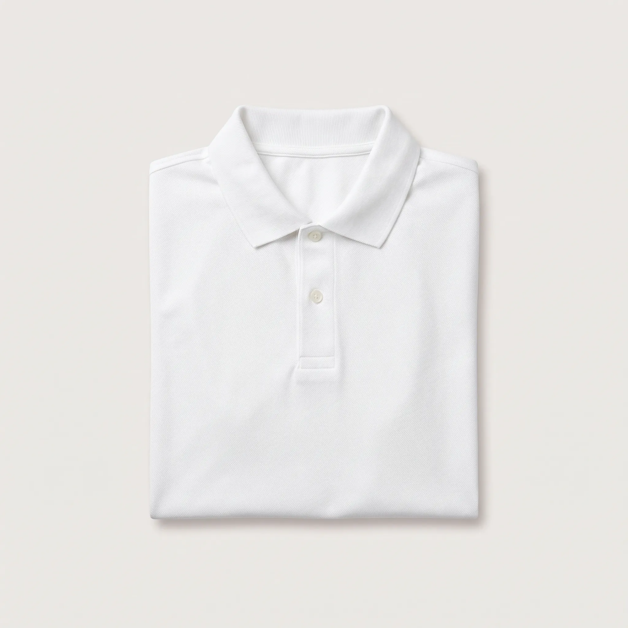 Tampilan rata atas kaos polo lengan pendek berwarna putih bersih yang dilipat rapi, menampilkan kerah, placket dua kancing, dan tekstur bahan piqué halus di atas latar belakang netral.