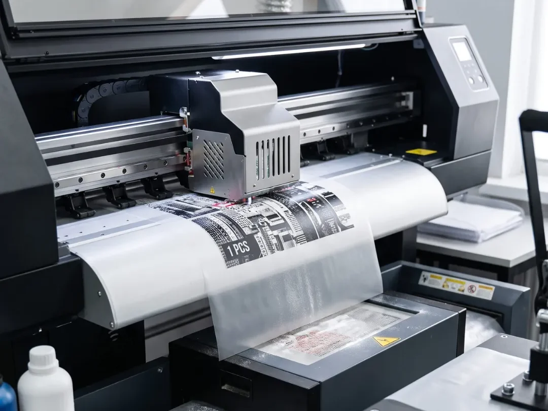Mesin pencetak DTF berukuran besar sedang mencetak desain sablon pada film transfer transparan di sebuah workshop percetakan.