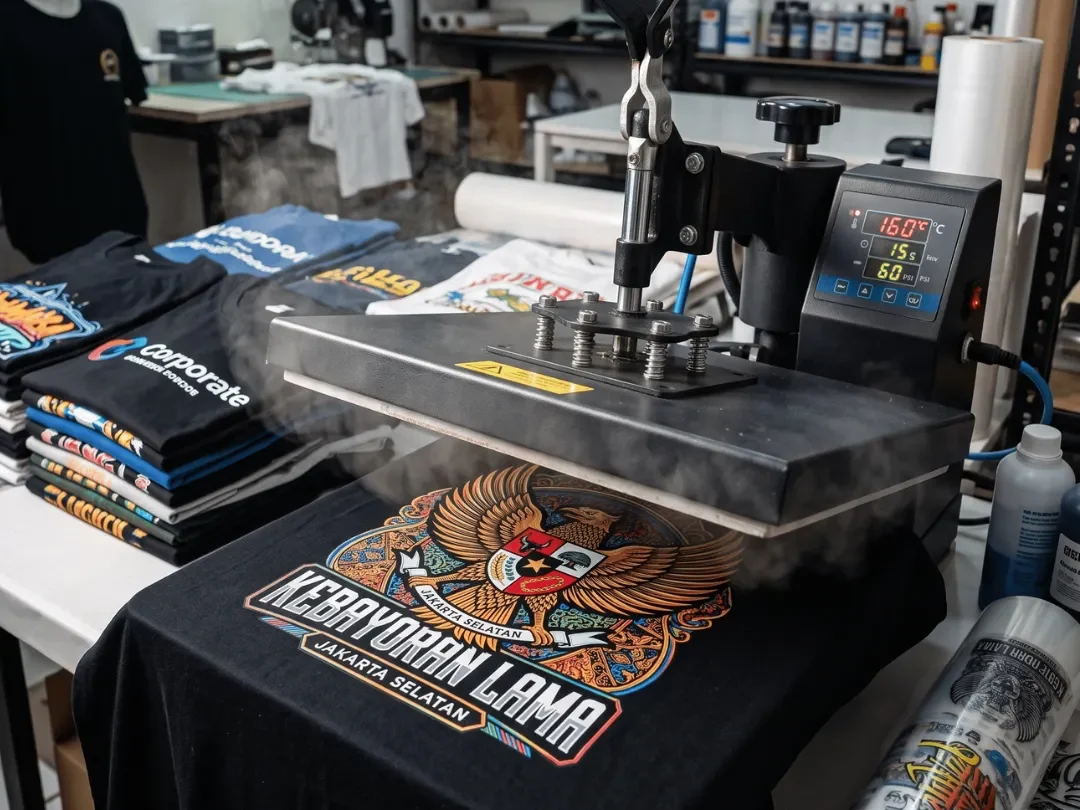 Proses penekanan menggunakan mesin heat press panas pada kaos hitam berpola desain Kebayoran Lama Jakarta Selatan dengan asap tipis yang membumbung.