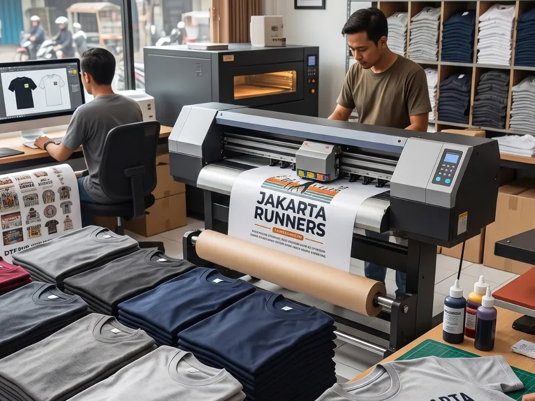 Suasana tempat kerja sablon kaos custom yang memperlihatkan staf sedang memproses cetakan DTF Jakarta Runners serta tumpukan kaos polos siap cetak.